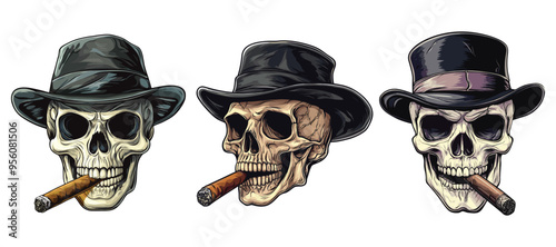 Set of skulls smoking and with hats. Vector design for logo, label, t-shirt and white background