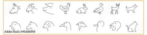 Farm And Animal Hunting Icon Set In Line Style. Containing pork, ducks, animals, fishing, chicken, cow, buffalo, etc. Vector Illustration.