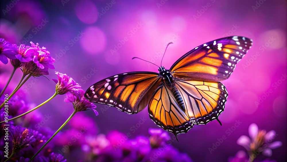 Close-up shot of a beautiful butterfly perched on a vibrant purple background Close-up shot of a beautiful butterfly perched on a vibrant purple background