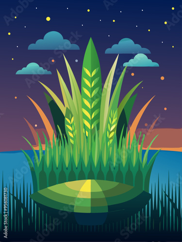 Abstract Nighttime Landscape with Lush Green Foliage and Water Reflection