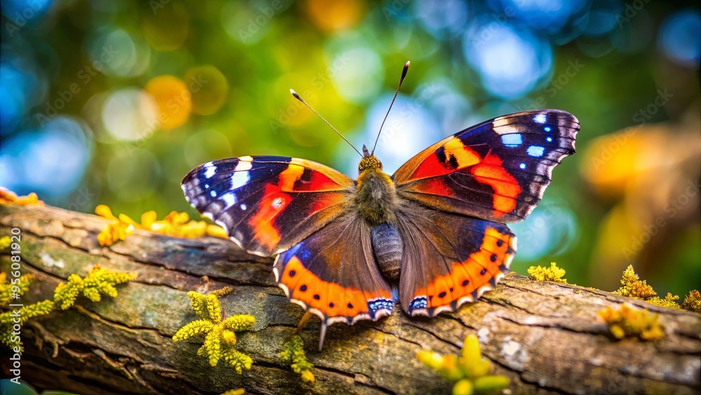 Close-up shot of a colorful butterfly resting on a tree branch Close-up shot of a colorful butterfly resting on a tree branch