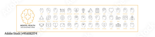 Mental Health Icon Set In line Style. Containing psychology, brain, mind, human, anxiety, line, person, head, disorder, etc. Vector Illustration.