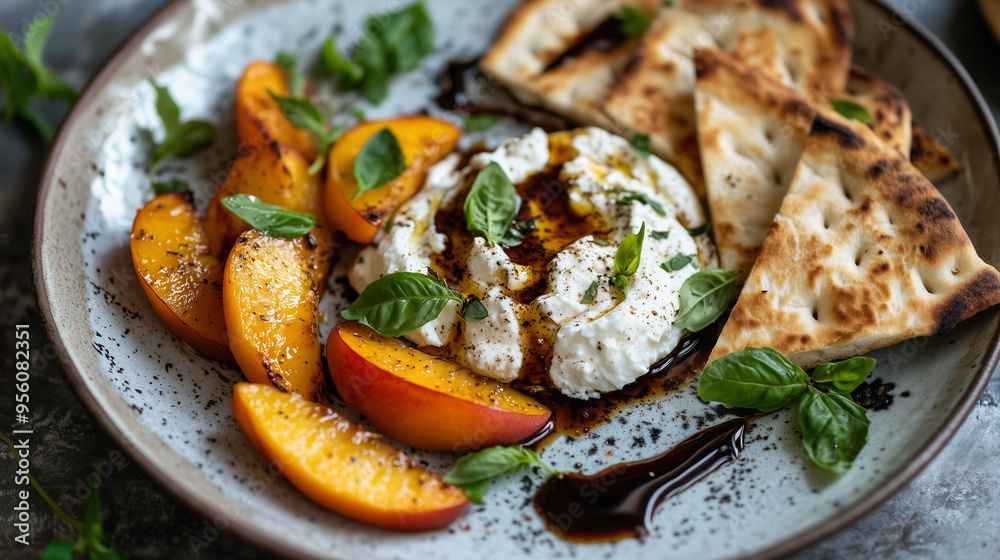 A plate of whipped ricotta with fresh roasted peaches and pitta slices
