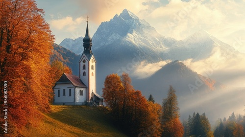 Stunning autumn scene with Maria Gern Church and the Hochkalter Peak, early morning light shining through photo