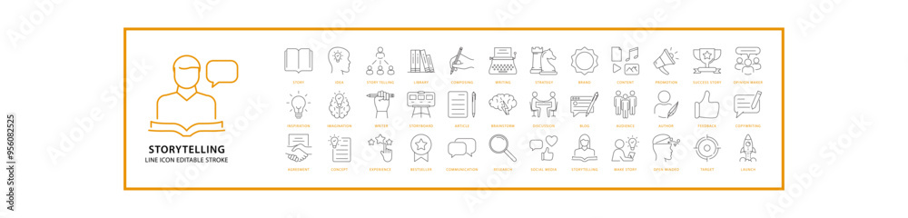 Fototapeta premium Story Telling Icon Set In Line Style. Containing author, creativity, page, feedback, sign, influencer. Vector Illustration.