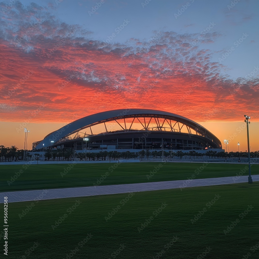 Fototapeta premium Sunset over the Khalifa International Stadium, with the venue ready for a major sporting event.