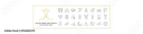 Success, Award, Growth Icon Set In Line Style. Containing award, success, growth, business, etc. Vector Illustration.