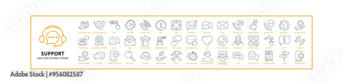 Support Icon Set In Line Style. Containing  help, customer, web, call, online, contact, chat, information, phone, etc. Vector Illustration.