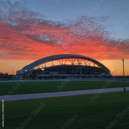 Sunset over the Khalifa International Stadium, with the venue ready for a major sporting event. photo