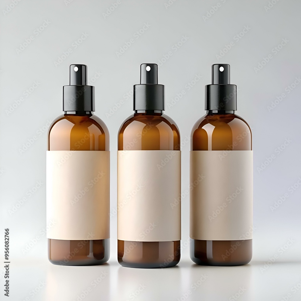 Three amber glass bottles with black spray tops and kraft paper labels. ready for your branding. Three amber glass bottles with black spray tops and kraft paper labels. ready for your branding.