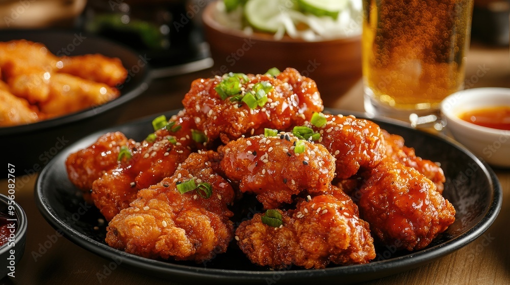 Tantalizing chimaek scene with crunchy Korean fried chicken and a cold beer, set against a casual dining background. Tantalizing chimaek scene with crunchy Korean fried chicken and a cold beer, set against a casual dining background.