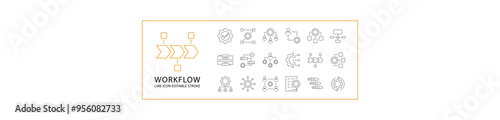 Workflow Icon Set In Line Style. Containing process, strategy, productivity, automation, collection,  efficiency, success, work, chart, development, etc. Vector Illustration.