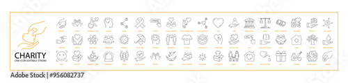 Volunteering And Charity Icon Set In Line Style. Containing support, community, heart, hand, hope, friendship, social, solidarity, help, friend, trust, love, partnership, humanitarian,