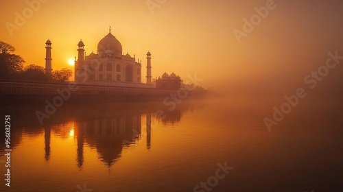 Taj Mahal glowing in the golden sunrise, reflected in the still waters of the Yamuna River, Agra, India