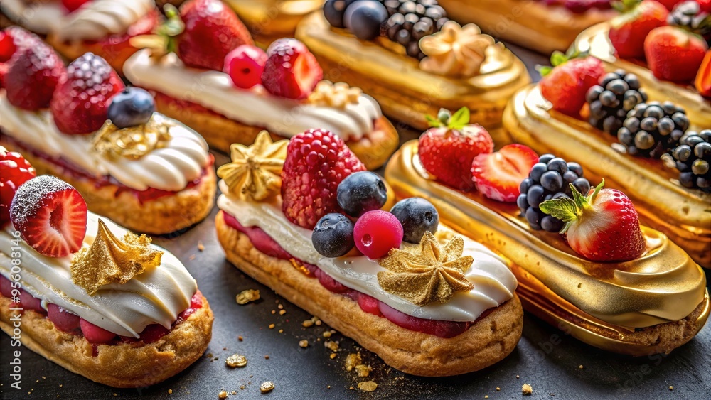 Luxurious assortment of decadent eclairs topped with fresh berries and shimmering gold leaf details Luxurious assortment of decadent eclairs topped with fresh berries and shimmering gold leaf details