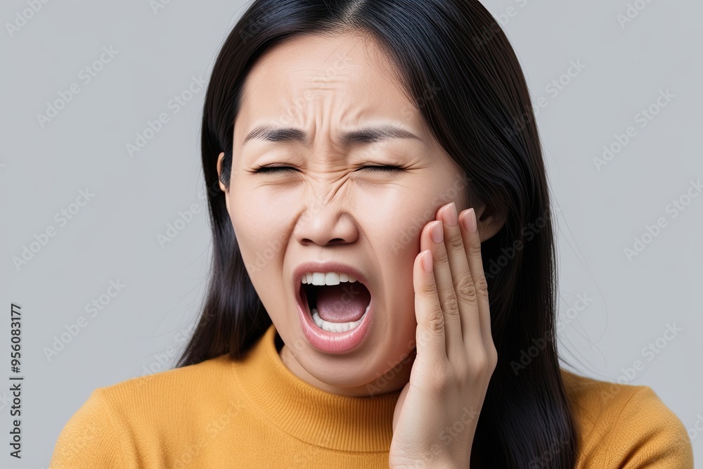 Close-up of Asian Woman Coughing Allergies Flu Symptoms Plain Background Close-up of Asian Woman Coughing Allergies Flu Symptoms Plain Background