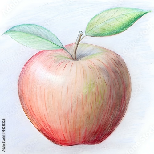 A hand drawn illustration of a red apple with leaves. crafted with meticulous detail using colored pencils.