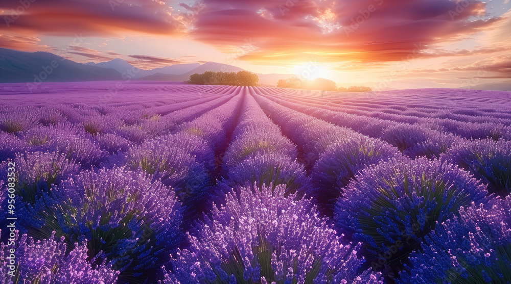 Obraz premium A field of lavender in full bloom under the vibrant hues of twilight, creating an enchanting and serene scene. The purple flowers form long rows. Generative AI.