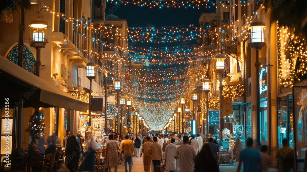 The bustling streets of Dubai during the holy month of Ramadan, with illuminated decorations and people gathering for iftar. The bustling streets of Dubai during the holy month of Ramadan, with illuminated decorations and people gathering for iftar.
