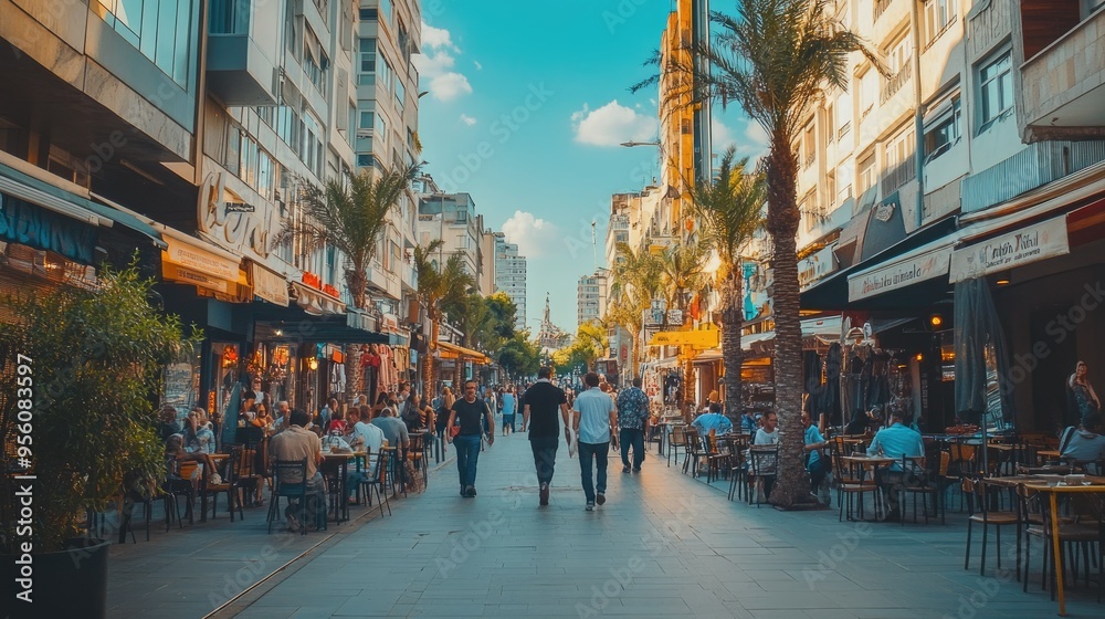 Fototapeta premium The bustling streets of Izmir, with modern buildings, cafes, and people walking by.