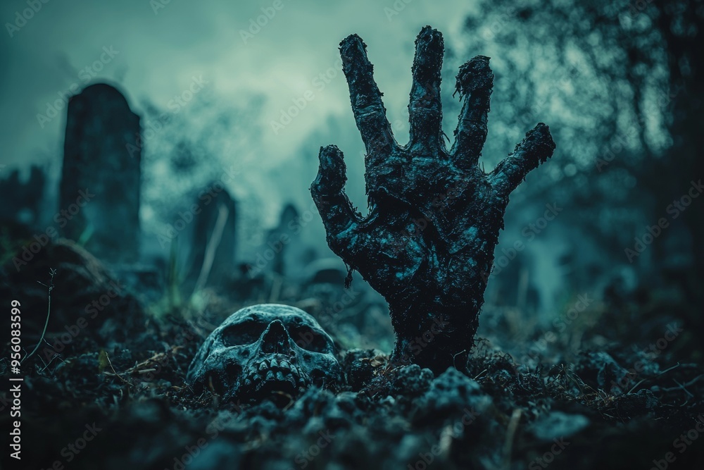 A decomposing hand rising from the ground beside a skull in a foggy graveyard. Perfect for horror-themed designs, Halloween events, and spooky content creation. A decomposing hand rising from the ground beside a skull in a foggy graveyard. Perfect for horror-themed designs, Halloween events, and spooky content creation.