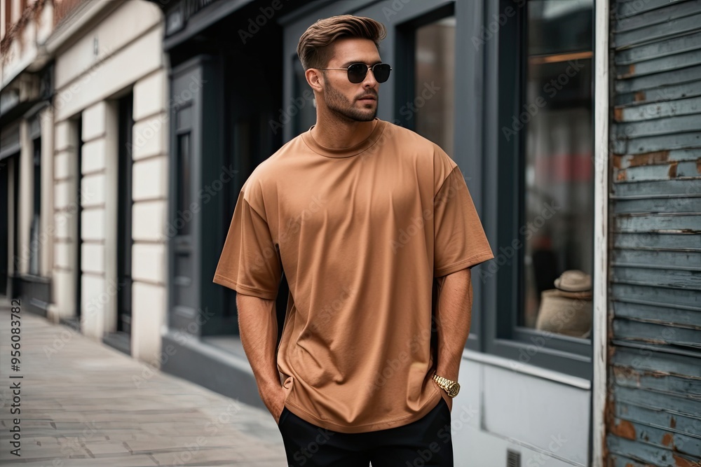 Obraz premium Tan Oversized T-Shirt for Men Embracing Trendy Casual Fashion