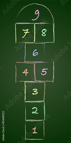 Children street game and playground hopscotch game flat vector illustration.