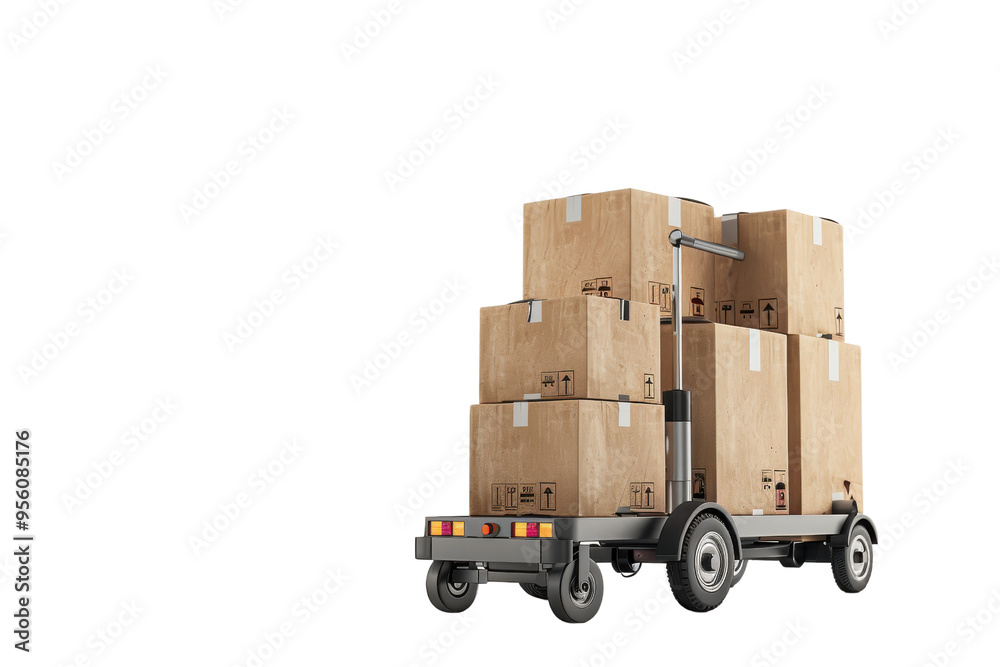 A freight cart loaded with stacked cardboard boxes ready for shipment, symbolizing logistics and transportation efficiency. A freight cart loaded with stacked cardboard boxes ready for shipment, symbolizing logistics and transportation efficiency.