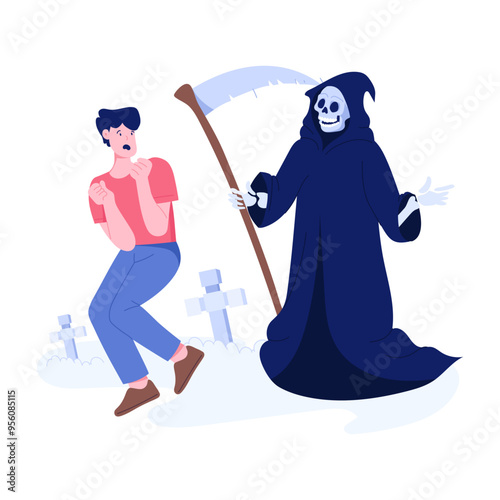 Scared boy with grim reaper, flat illustration 