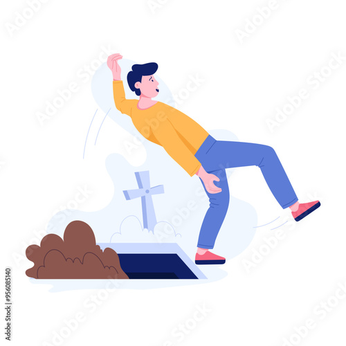 A flat illustration showing a boy with death fear falling in grave 