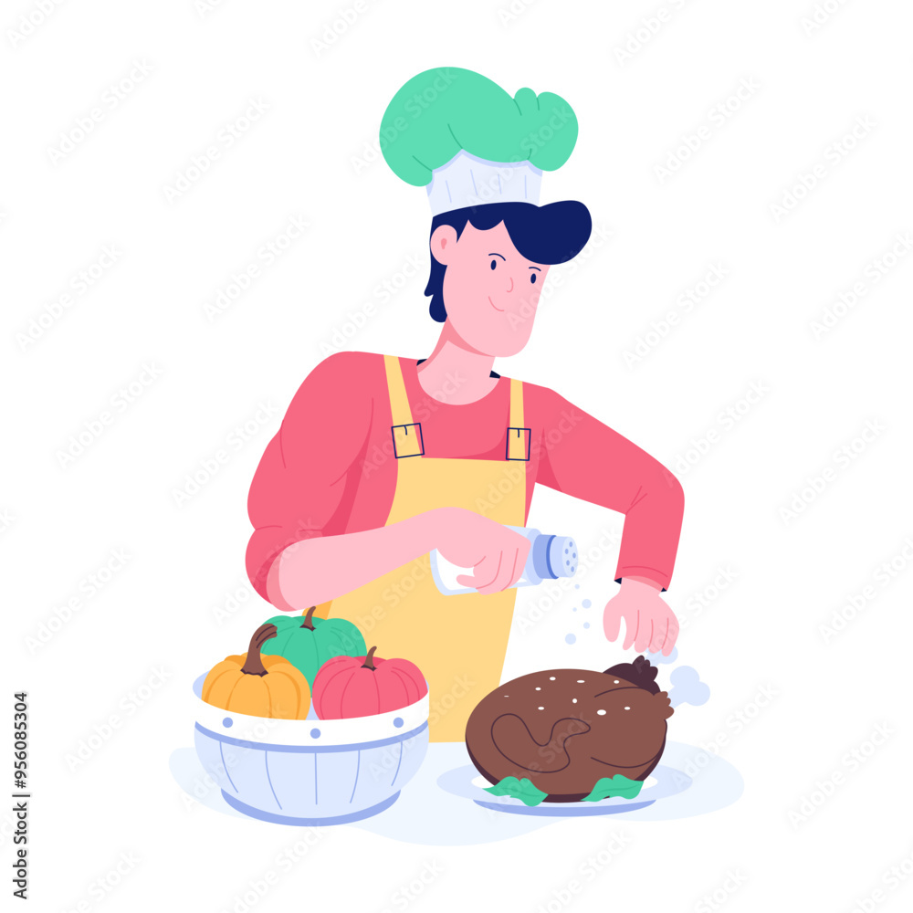 Chef busy in thanksgiving preparation, flat illustration Chef busy in thanksgiving preparation, flat illustration