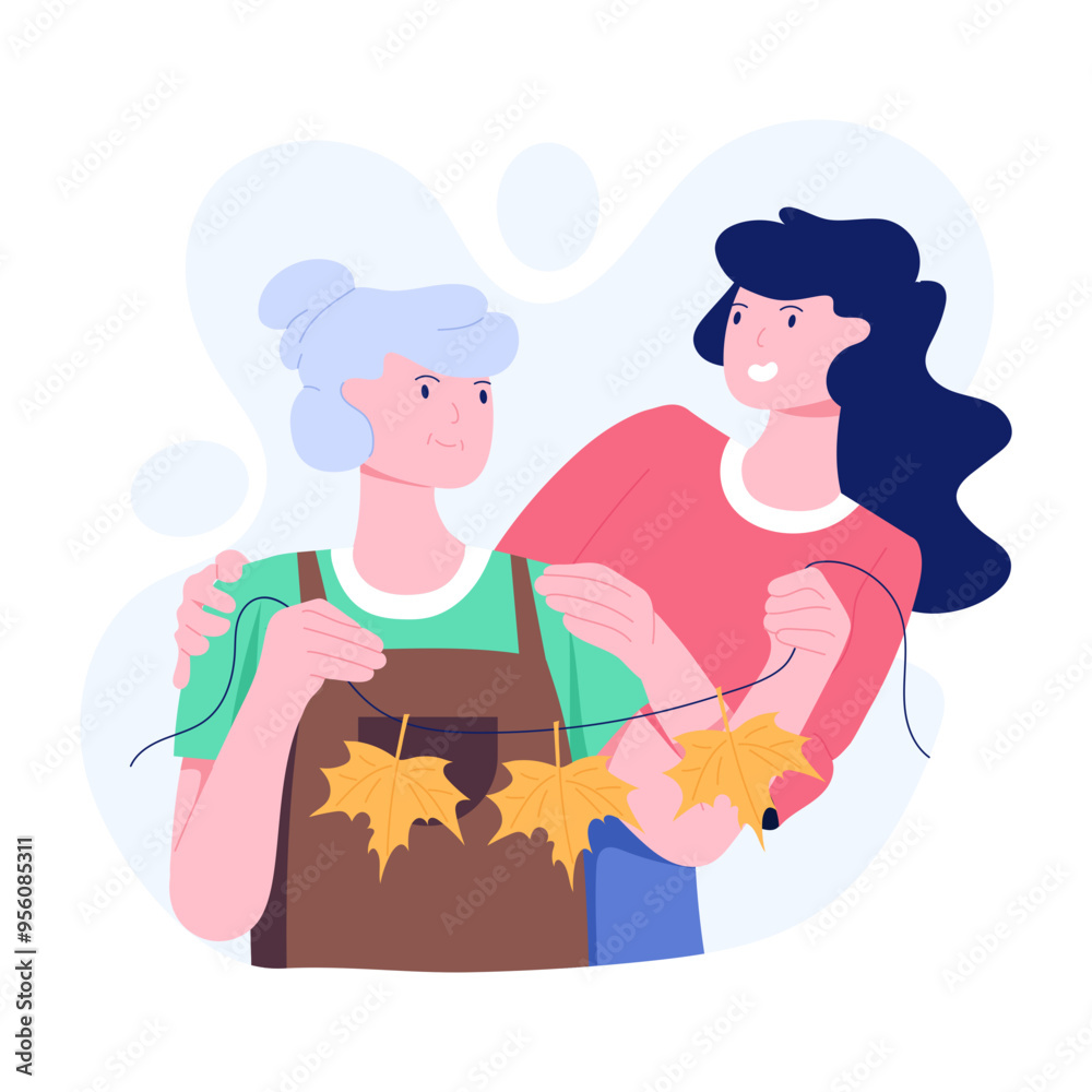 Obraz premium Girl doing thanksgiving decor with grandmother, flat illustration 