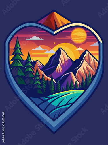 Heart-Shaped Frame Enclosing a Vibrant Mountain Landscape at Sunset