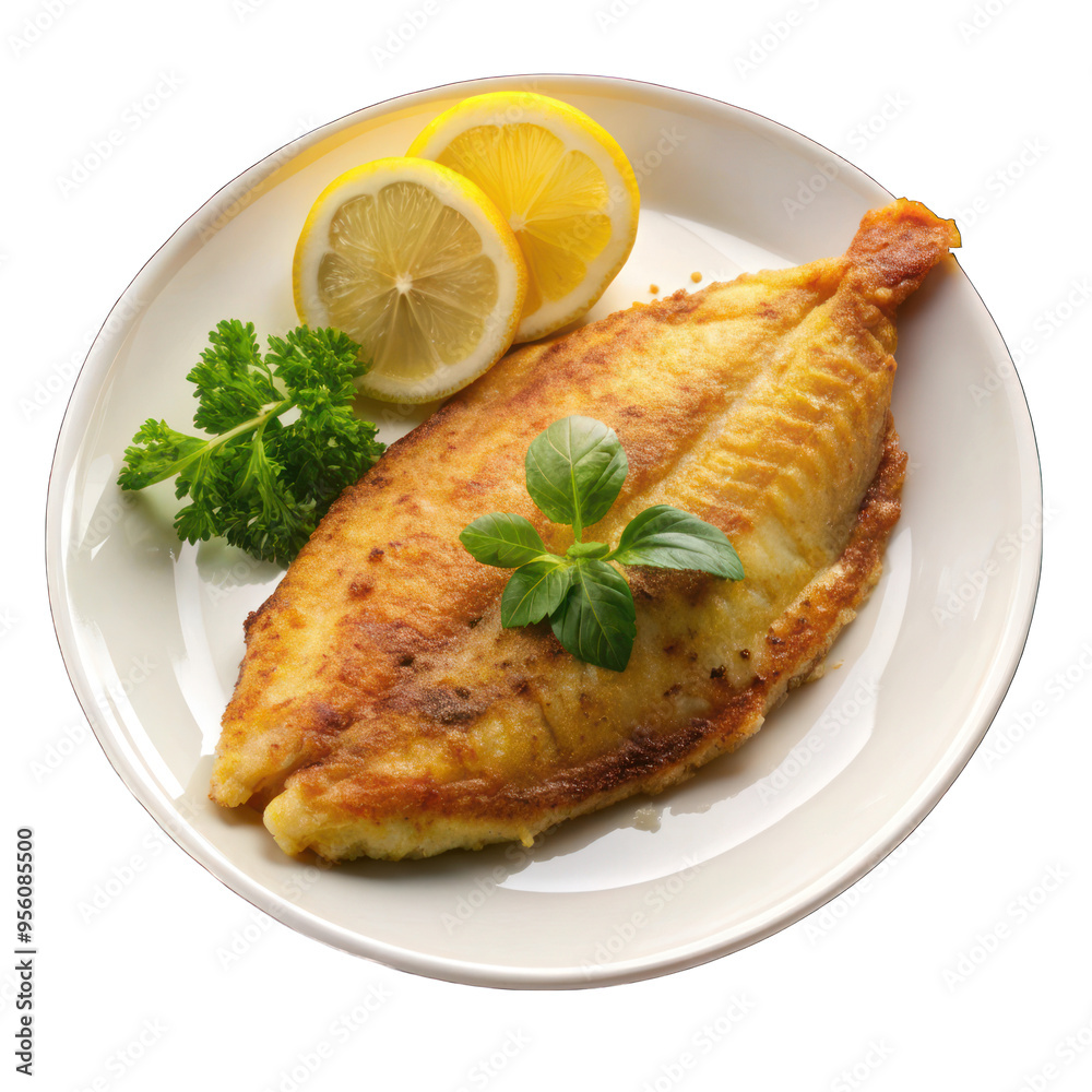 Fried Catfish fillet on white plate isolated on transparent background Fried Catfish fillet on white plate isolated on transparent background
