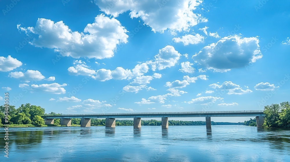 Concrete bridge across calm river with bright cloudy blue sky in the background Concrete bridge across calm river with bright cloudy blue sky in the background