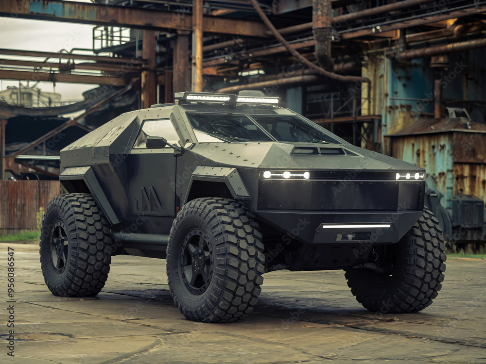 Futuristic Armored Vehicle in Abandoned Industrial Setting Futuristic Armored Vehicle in Abandoned Industrial Setting