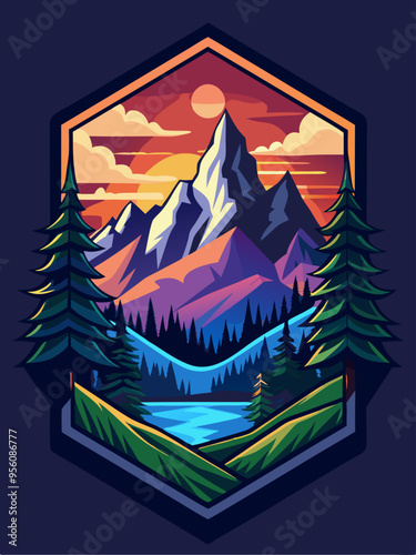 Mountainous Landscape with Sunset and Lake