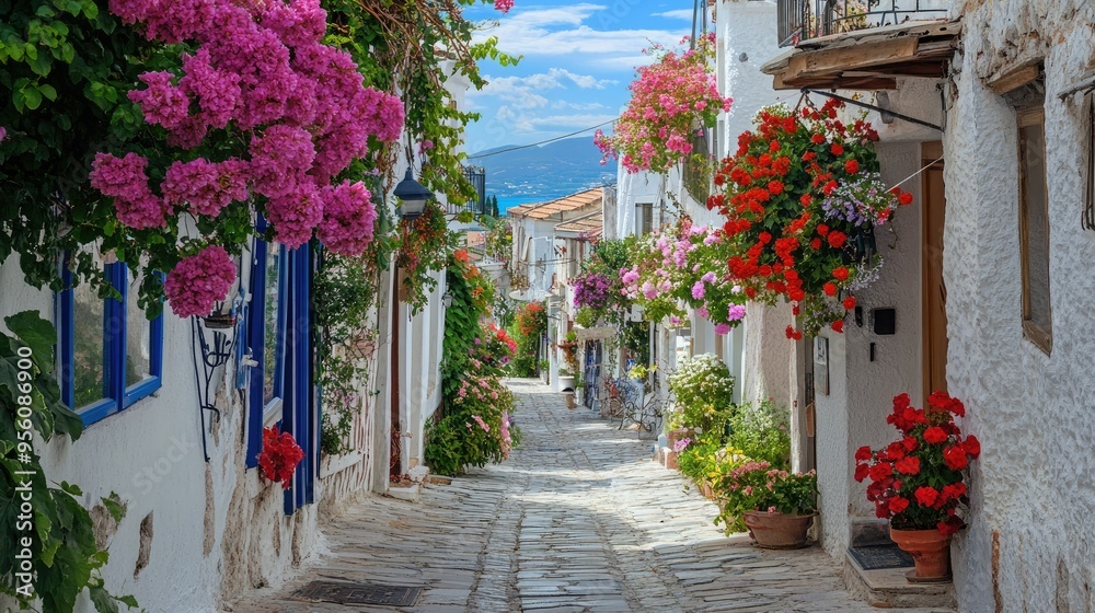 Naklejka premium The vibrant streets of Alacati, with white-washed houses, narrow alleys, and colorful flowers.