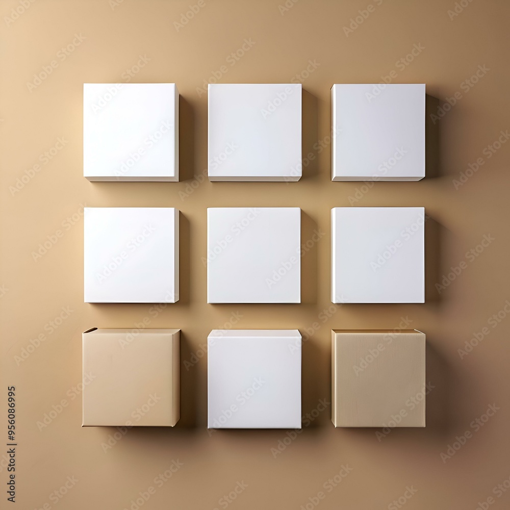 A minimalist flat lay featuring nine blank boxes on a soft beige background. A minimalist flat lay featuring nine blank boxes on a soft beige background.