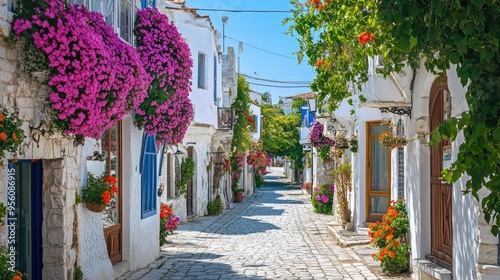 The vibrant streets of Alacati, with white-washed houses, narrow alleys, and colorful flowers.