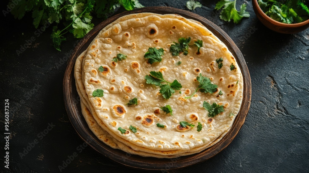 Top view of a traditional tawa chapati on a plate, with light shadows creating a homely and appetizing feel. Top view of a traditional tawa chapati on a plate, with light shadows creating a homely and appetizing feel.