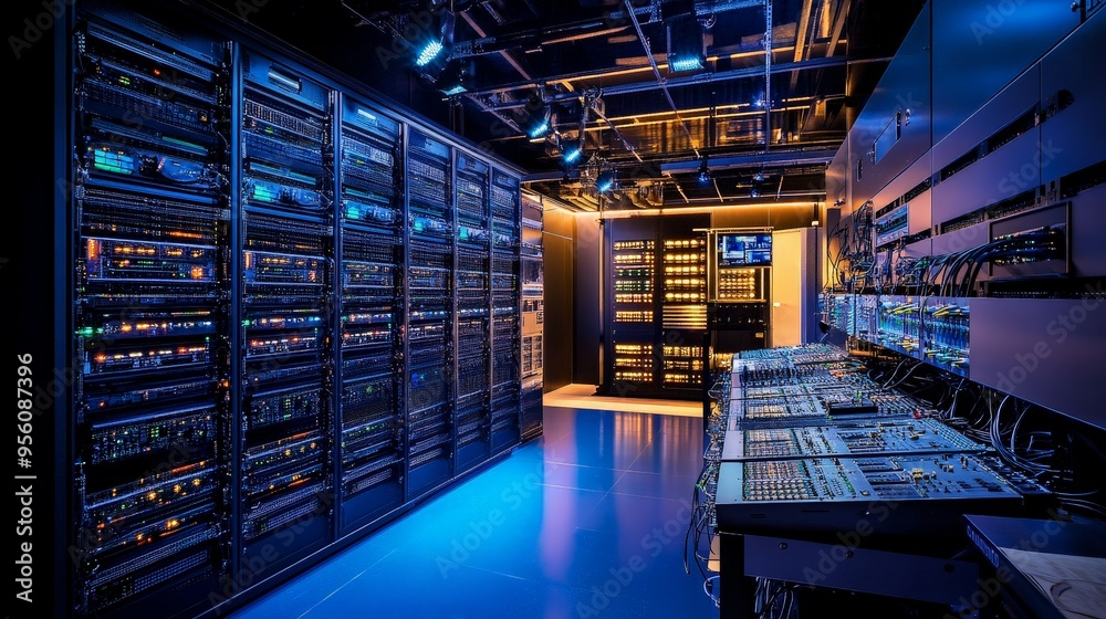 A cutting-edge telecommunications center with advanced networking equipment and digital communication tools, showcasing the role of technology in global connectivity. A cutting-edge telecommunications center with advanced networking equipment and digital communication tools, showcasing the role of technology in global connectivity.