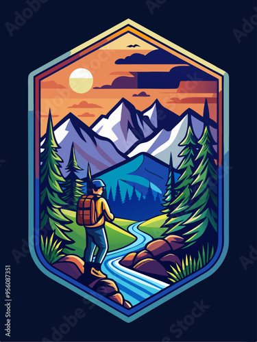 A lone hiker with a backpack enjoying the view of a winding river and snow-capped mountains at sunset.