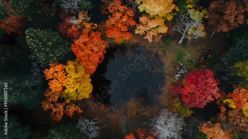 The drone captures a forest in full autumn color, with red, orange, and yellow leaves creating a vibrant canopy