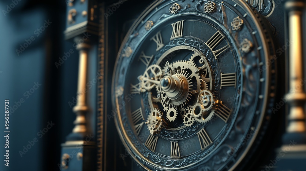 Obraz premium A detailed 3D model of a classic antique clock, showcasing intricate gears and elegant craftsmanship.