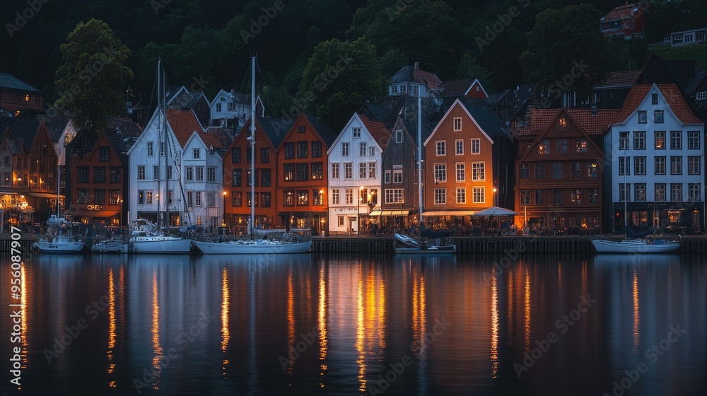 Fototapeta premium Twilight settles over Bryggen harbor in Bergen, Norway, with historic waterfront buildings bathed in soft evening light and boats docked along the shore