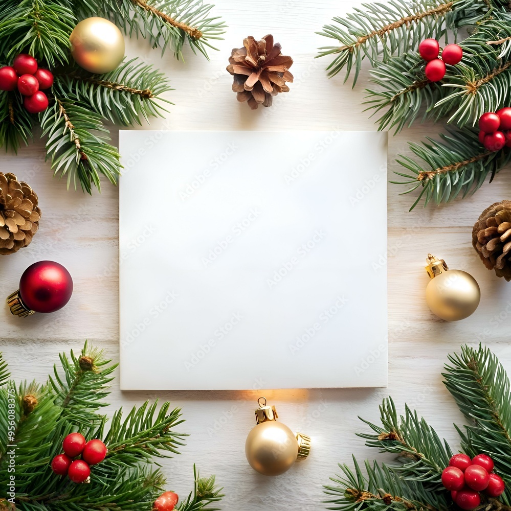 A blank white card surrounded by festive Christmas decorations. including pine branches. golden baubles. red berries. and pine cones. A blank white card surrounded by festive Christmas decorations. including pine branches. golden baubles. red berries. and pine cones.