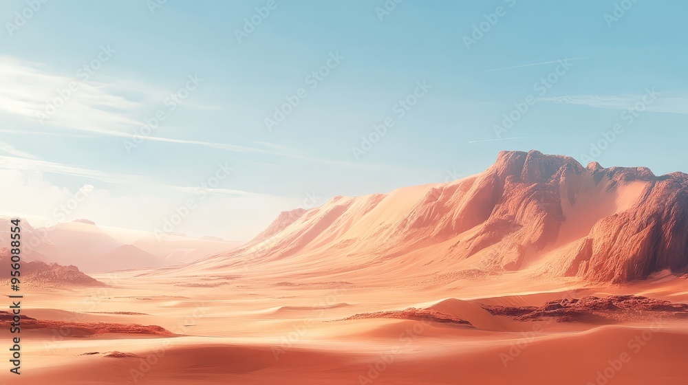 Naklejka premium A dramatic desert landscape with sweeping sand dunes and a clear sky, showcasing the stark and beautiful contrasts of arid natural environments.