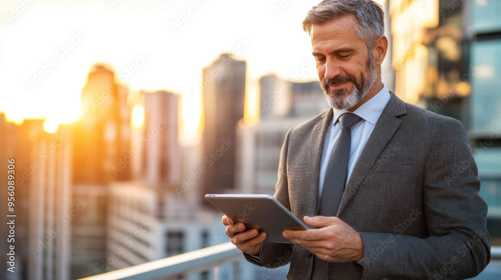A man in a suit and tie is looking at a tablet while standing on a rooftop. Concept of modernity and technology, as the man is using a tablet to access information or communicate A man in a suit and tie is looking at a tablet while standing on a rooftop. Concept of modernity and technology, as the man is using a tablet to access information or communicate