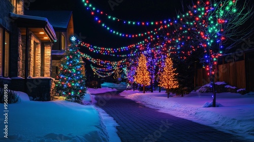 A festive outdoor scene with a neighborhood street illuminated by colorful